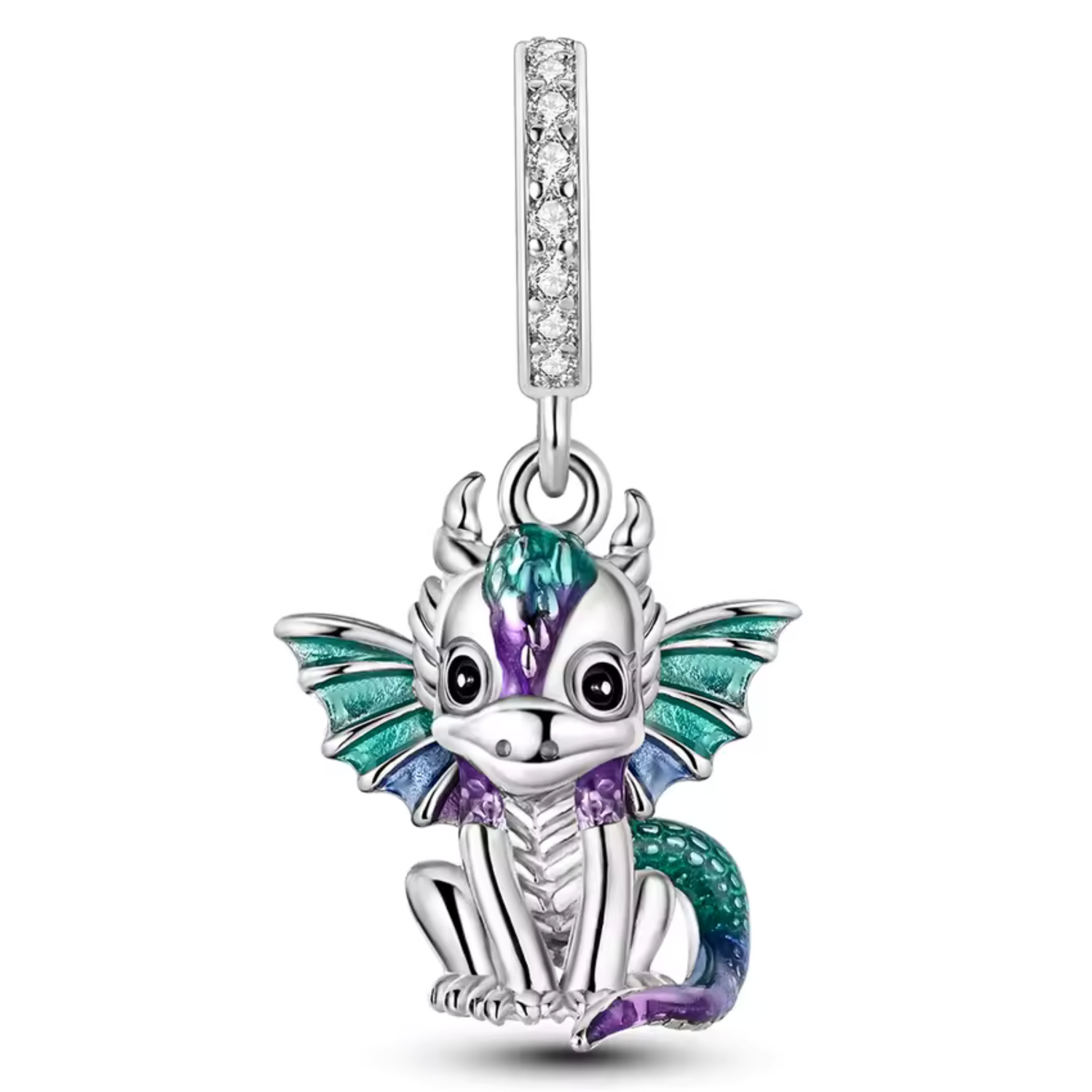 Charm Dragon Argenté aux Détails Verts et Violets – Mystère et Puissance Enchantée