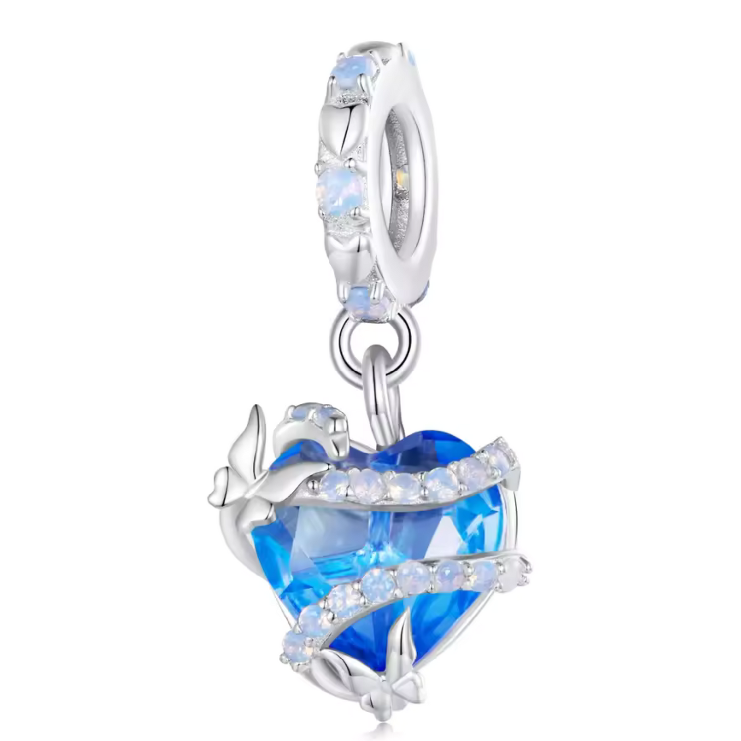 Charm Cœur Bleu et Papillons Argentés – Poésie Aérienne et Douceur Romantique