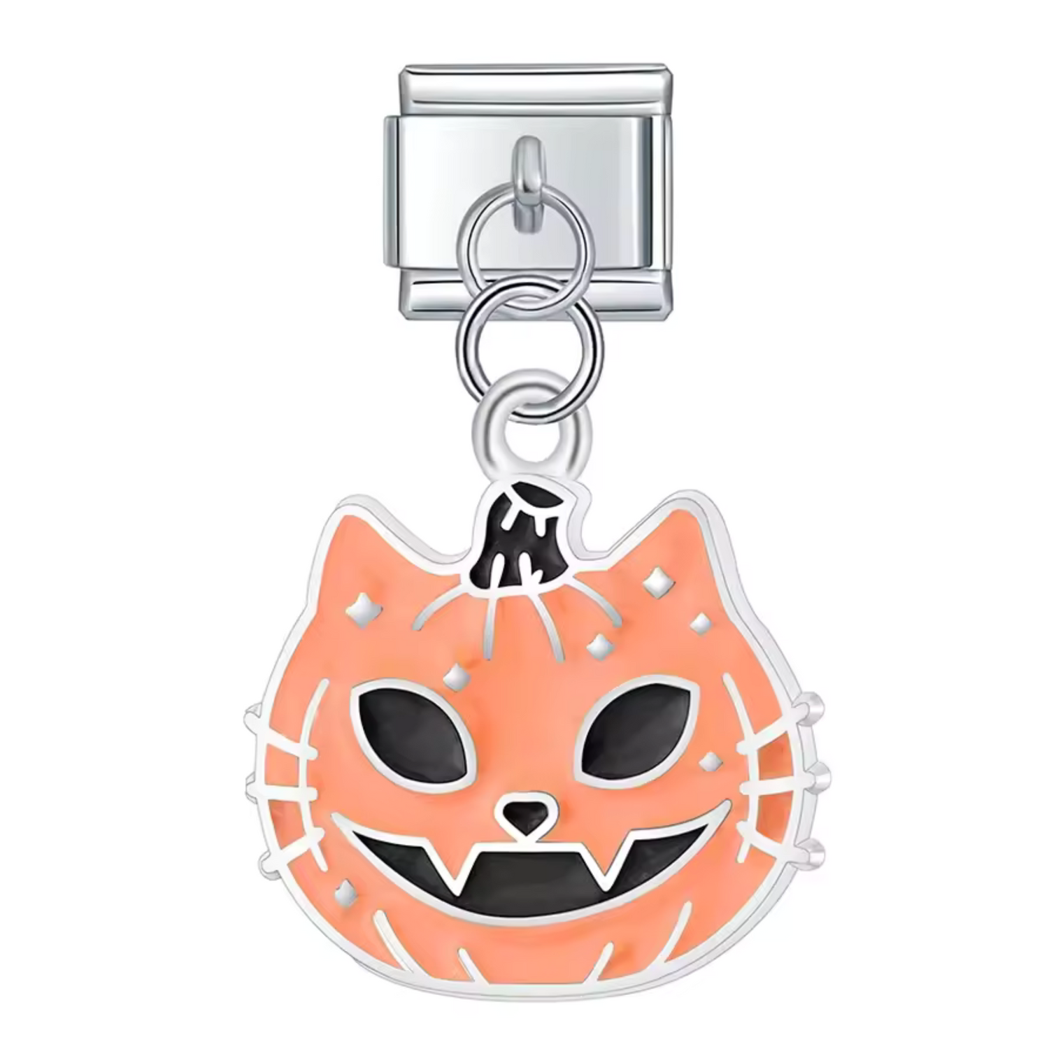 Charm Italien Pendentif Argenté – Chat Citrouille Orange et Noir