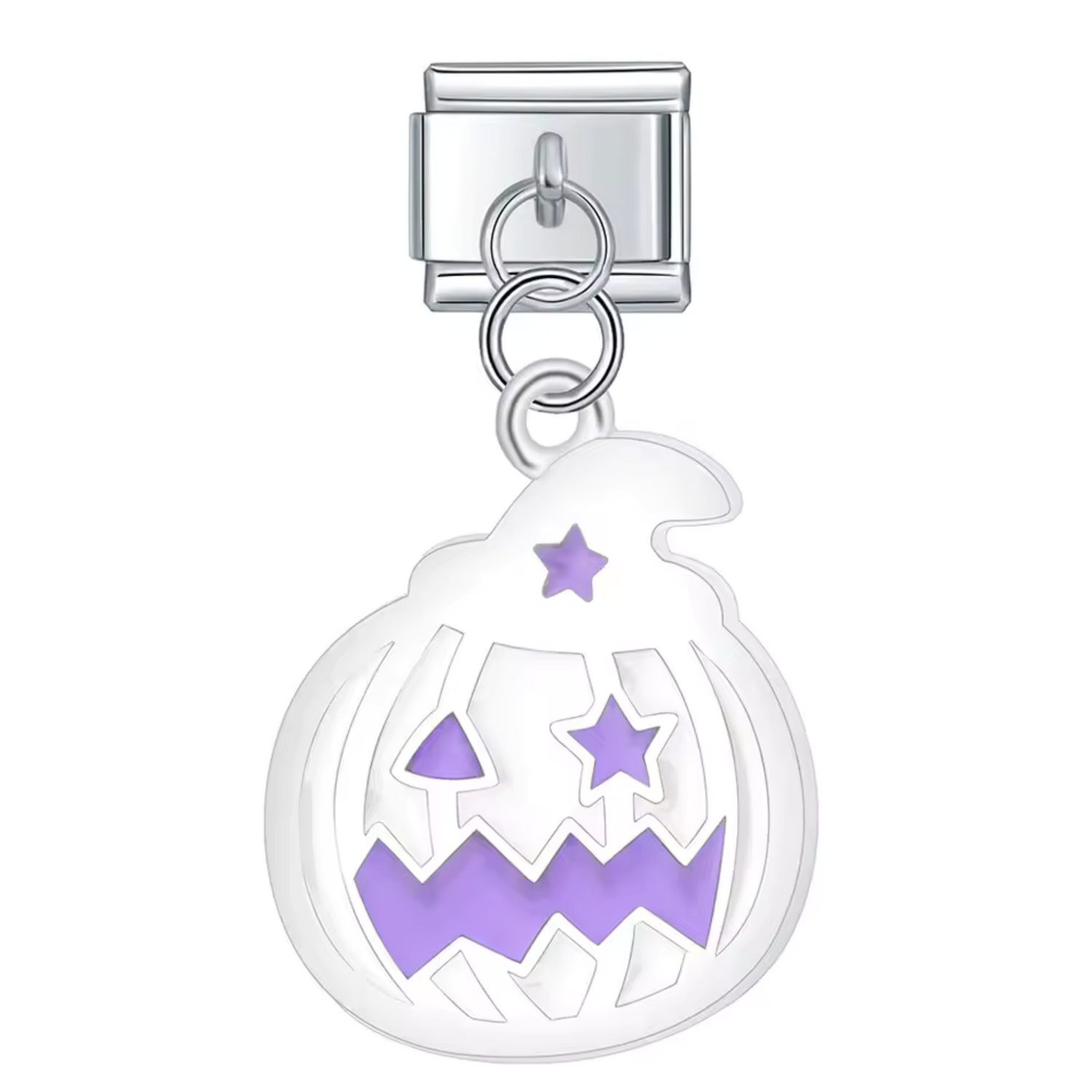 Charm Italien Pendentif Argenté – Citrouille avec Chapeau de Sorcière Blanc et Violet
