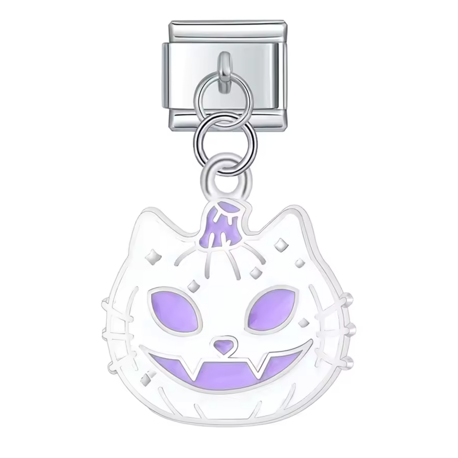 Charm Italien Pendentif Argenté – Chat Citrouille Blanc et Violet
