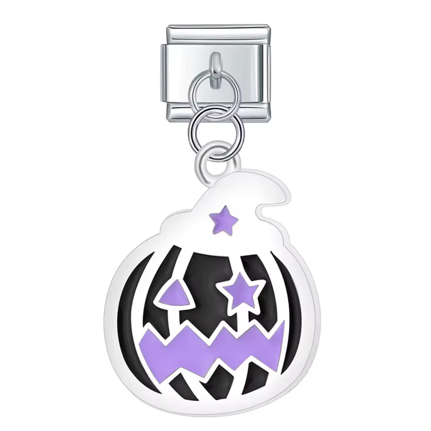 Charm Italien Pendentif Argenté – Citrouille avec Chapeau de Sorcière Noir et Violet