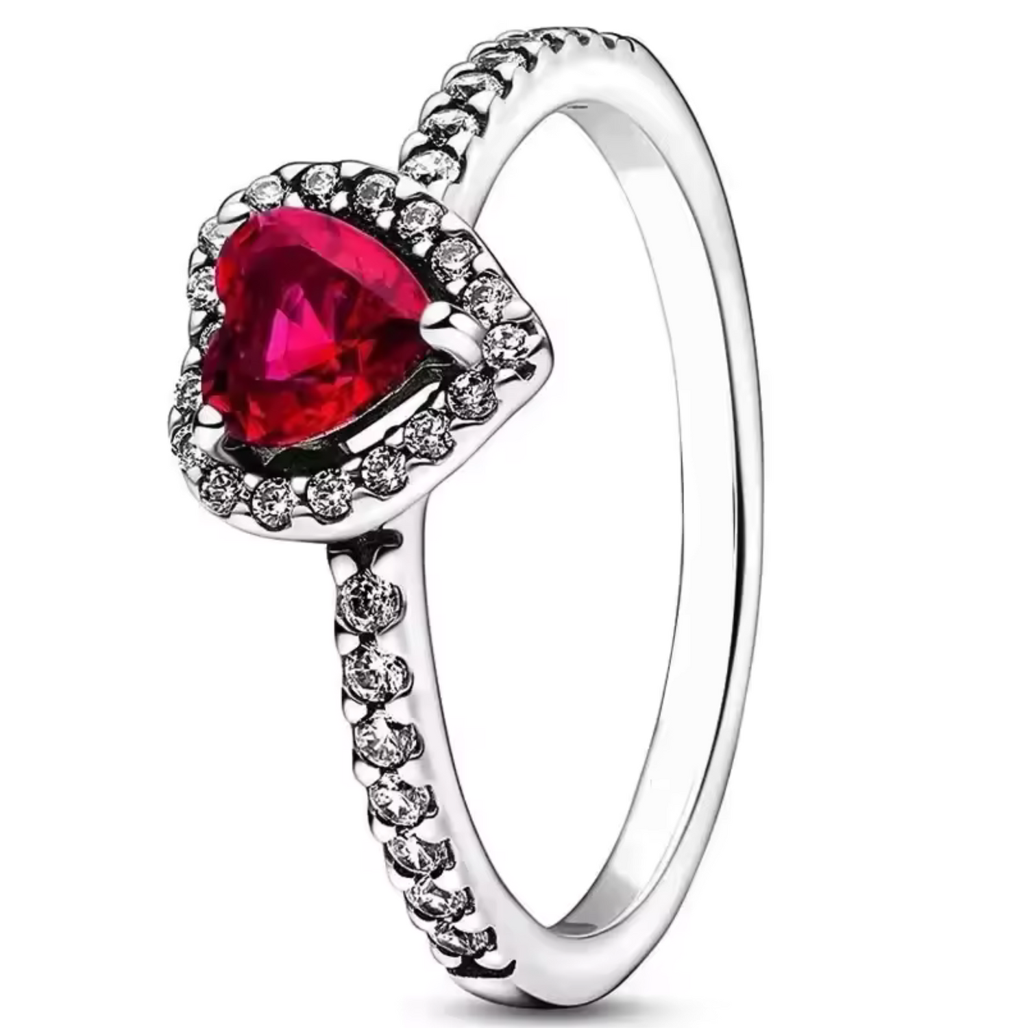 Bague Argentée avec Strass et Brillant Rouge en Forme de Cœur – Passion et Élégance Éclatante