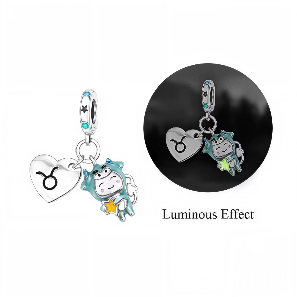 Charm Pendentif - Cœur avec Symbole du Taureau et Personnage Glow in the Dark