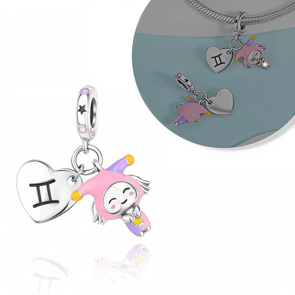 Charm Pendentif - Cœur avec Symbole des Gémeaux et Personnage Glow in the Dark