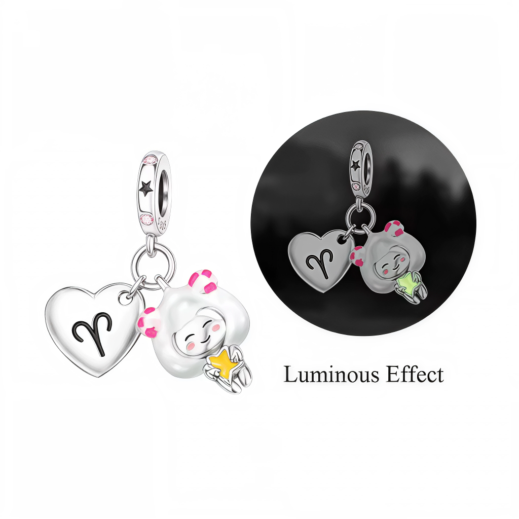 Charm Pendentif - Cœur avec Symbole du Bélier et Personnage Glow in the Dark