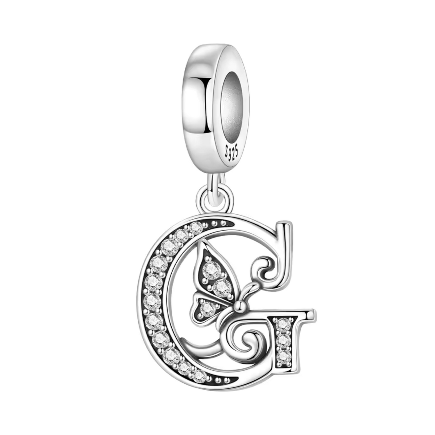 Charm Pendentif - Lettre "G" Argenté avec Strass et Papillon