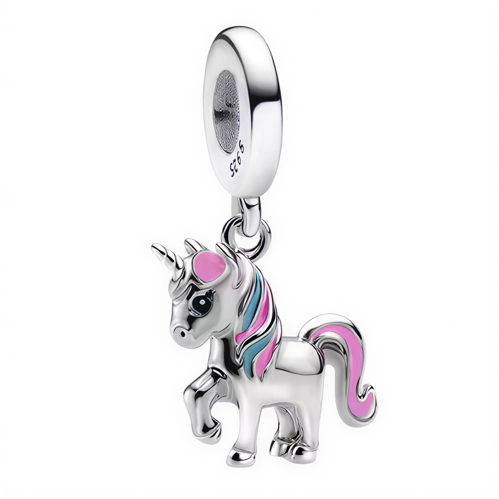 Charm Pendentif - Licorne Argentée avec Crinière Rose et Détails Bleus