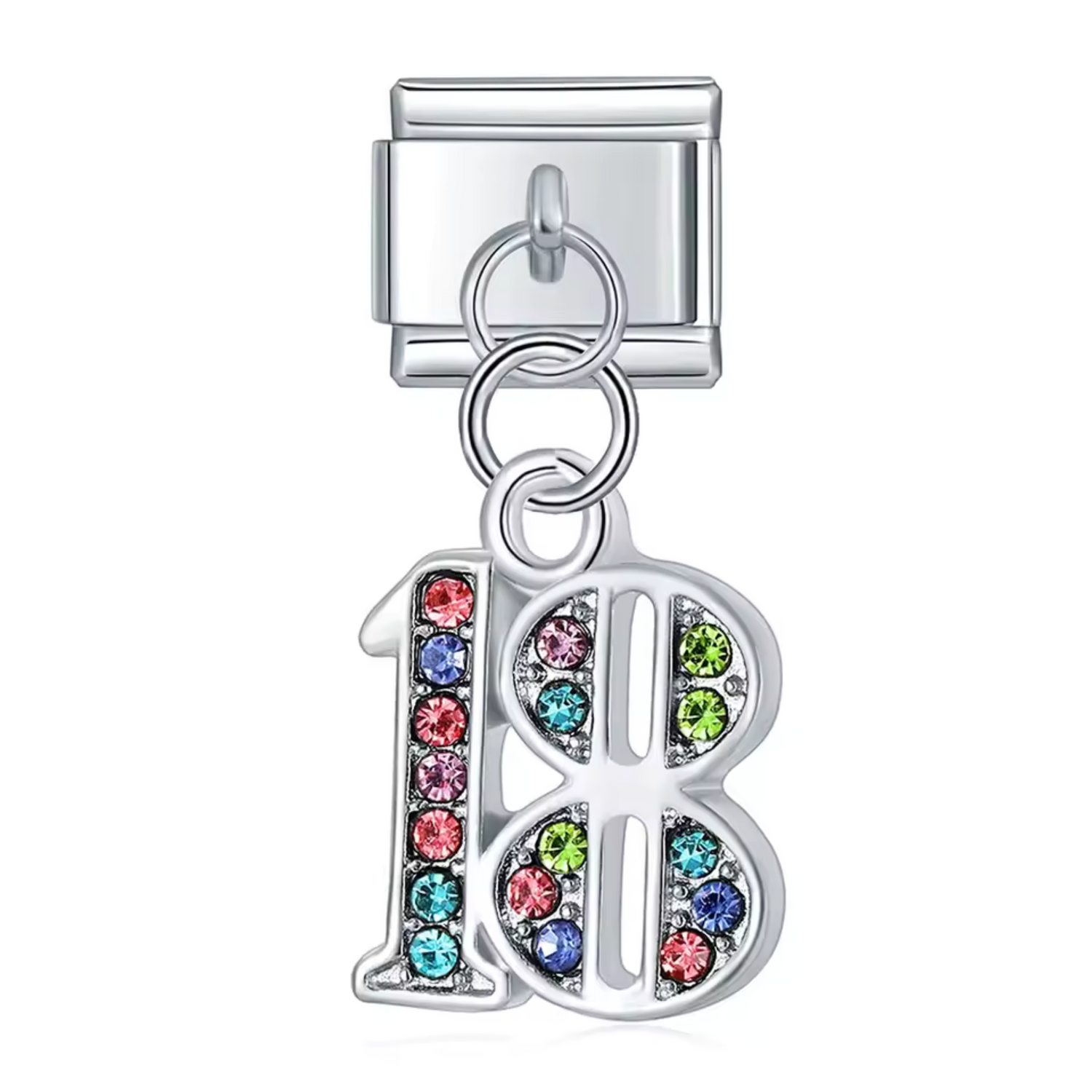 Charm Italien Argenté Pendentif – Nombre 18 avec Strass Multicolores