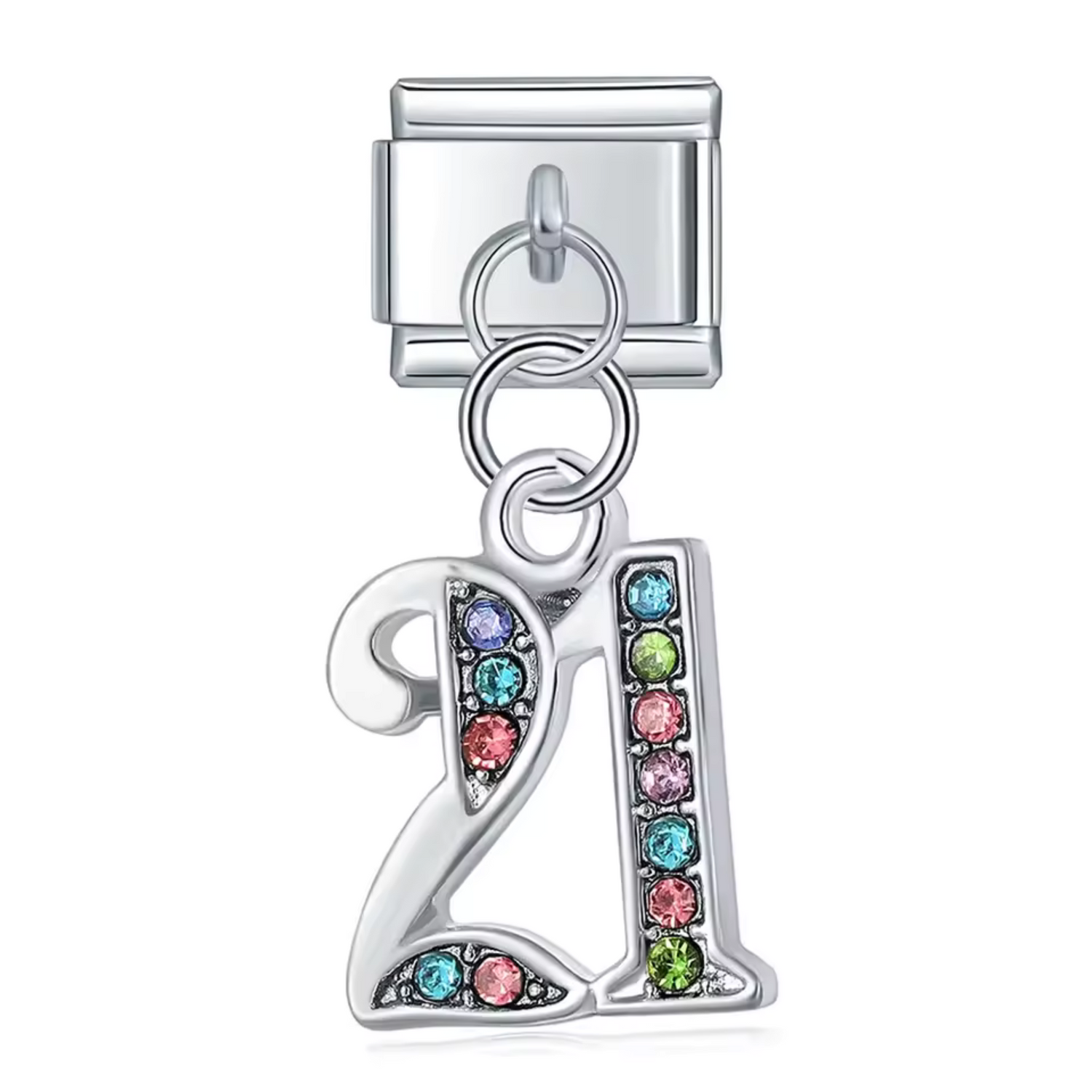 Charm Italien Argenté Pendentif – Nombre 21 avec Strass Multicolores