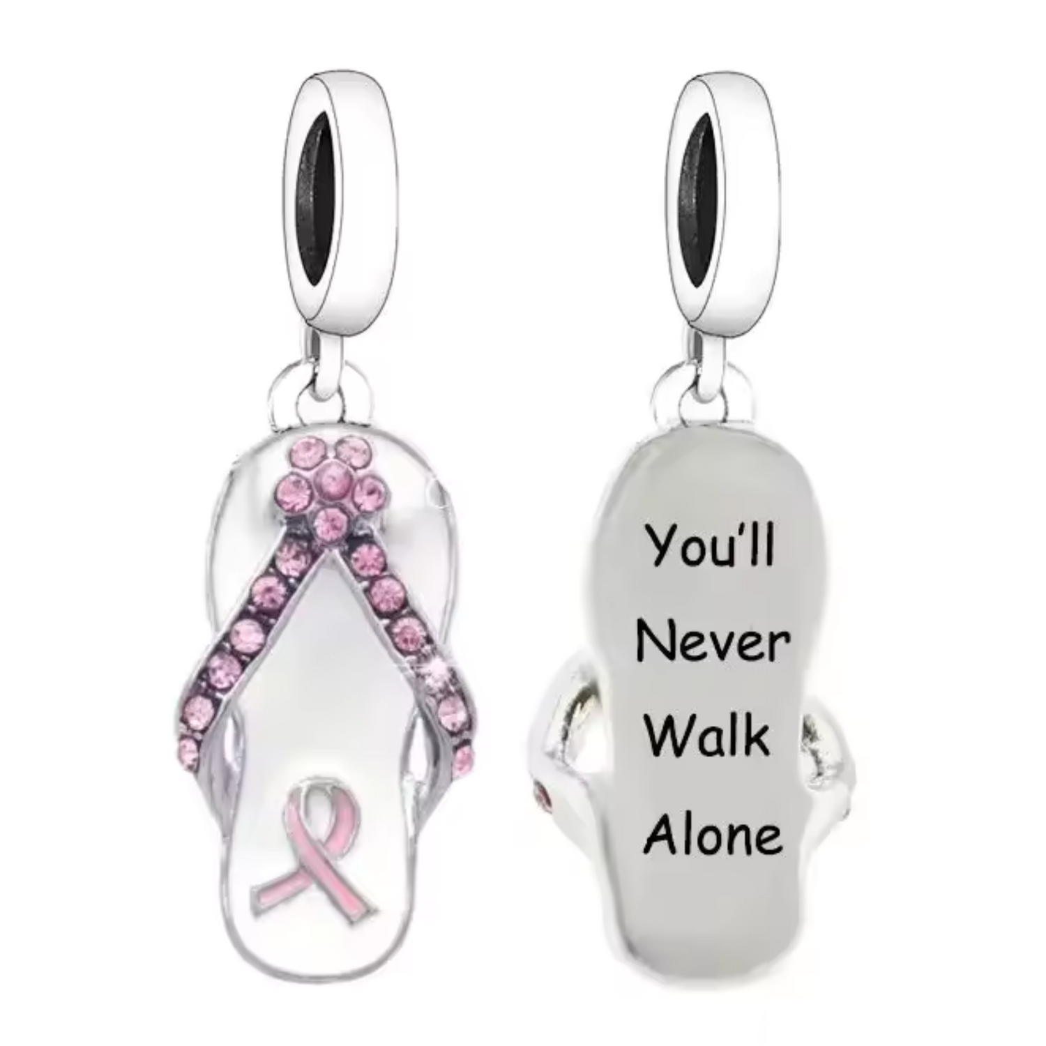 Charm Pendentif - Claquette avec Ruban Rose et "You'll Never Walk Alone"