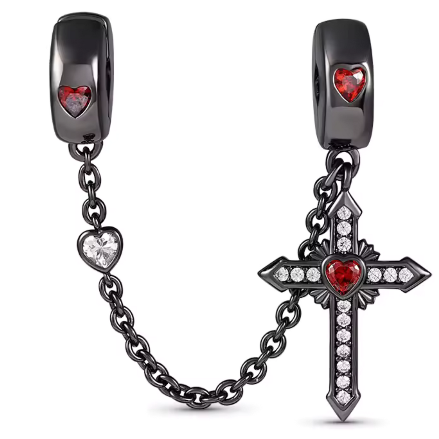 Charm Chaîne Courte Noire avec Croix et Cœurs Rouges – Élégance et Passion Divine