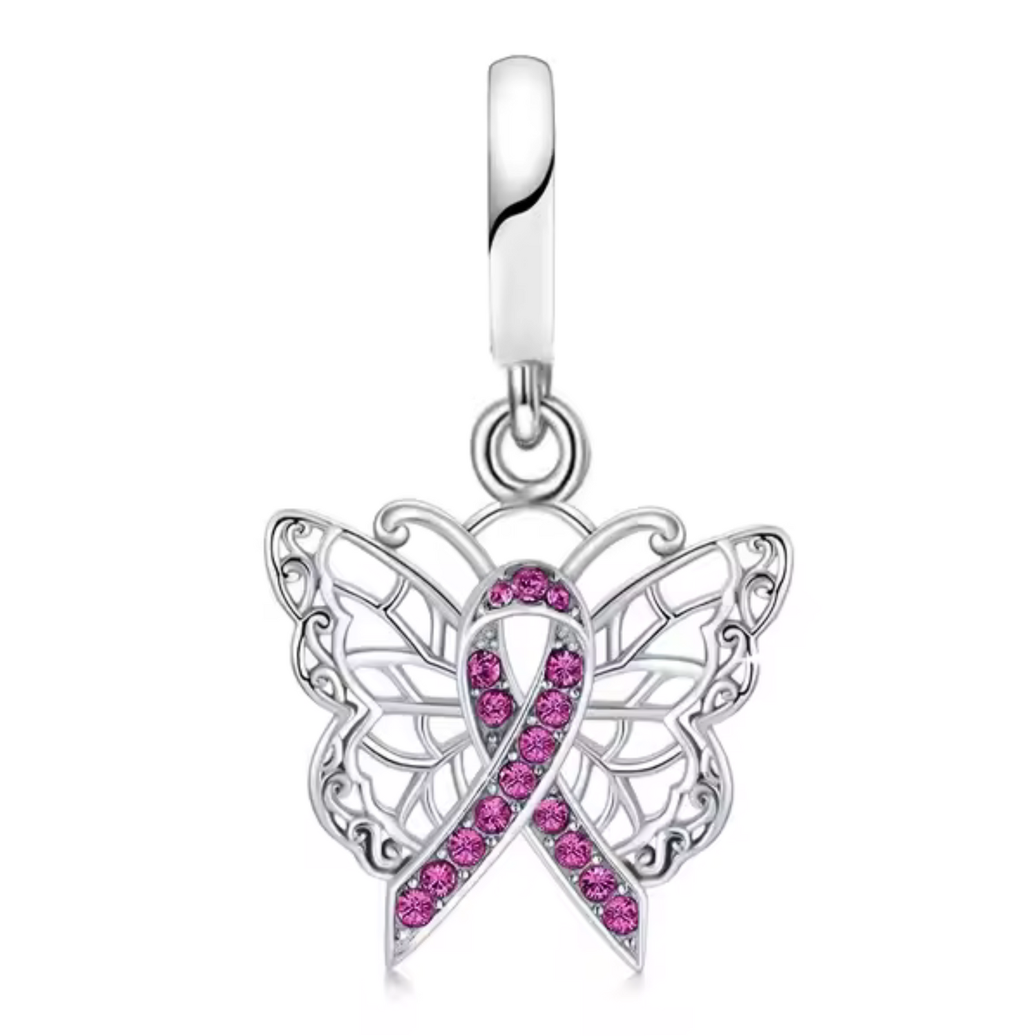 Charm Pendentif - Ruban Rose avec Ailes de Papillon | Octobre Rose