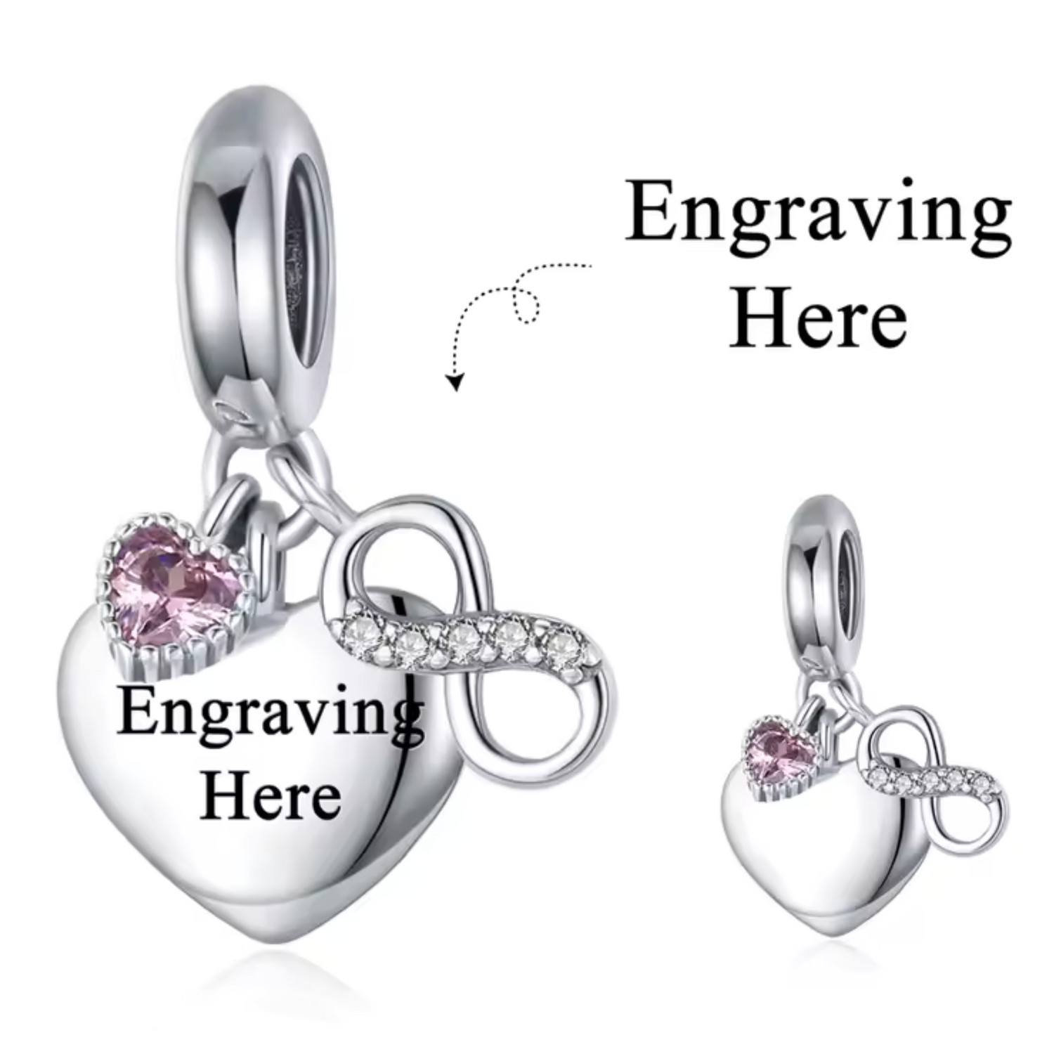 Charm Cœur Personnalisé avec Gravure – Cœur Rose et Symbole Infini