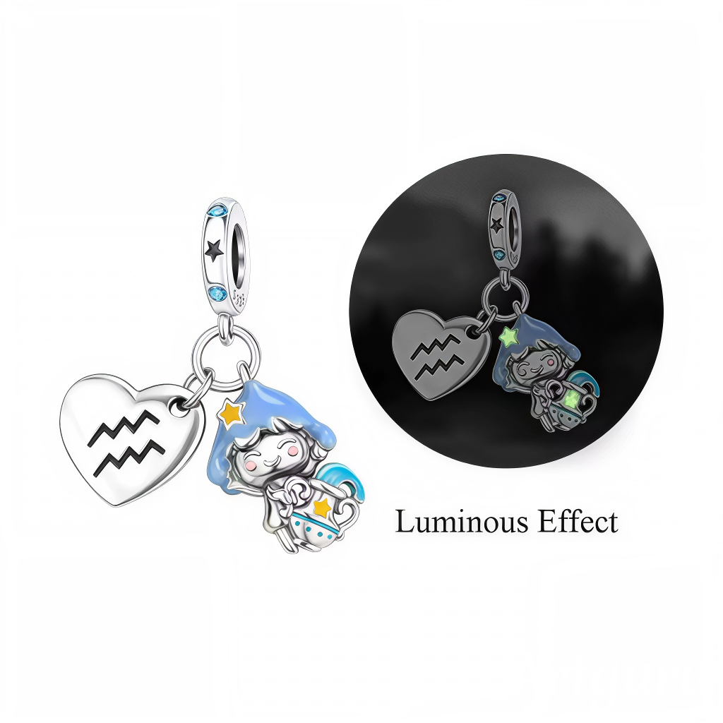 Charm Pendentif - Cœur avec Symbole du Verseau et Personnage