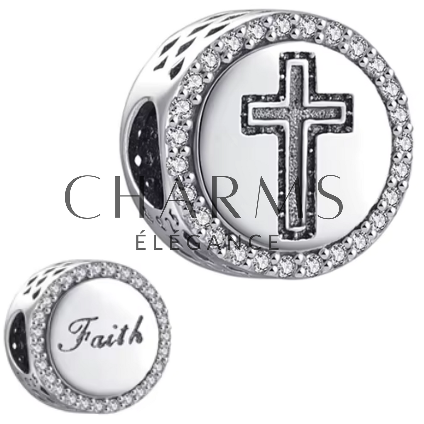 Charm Rond avec Croix et "Faith" - Charms Élégance