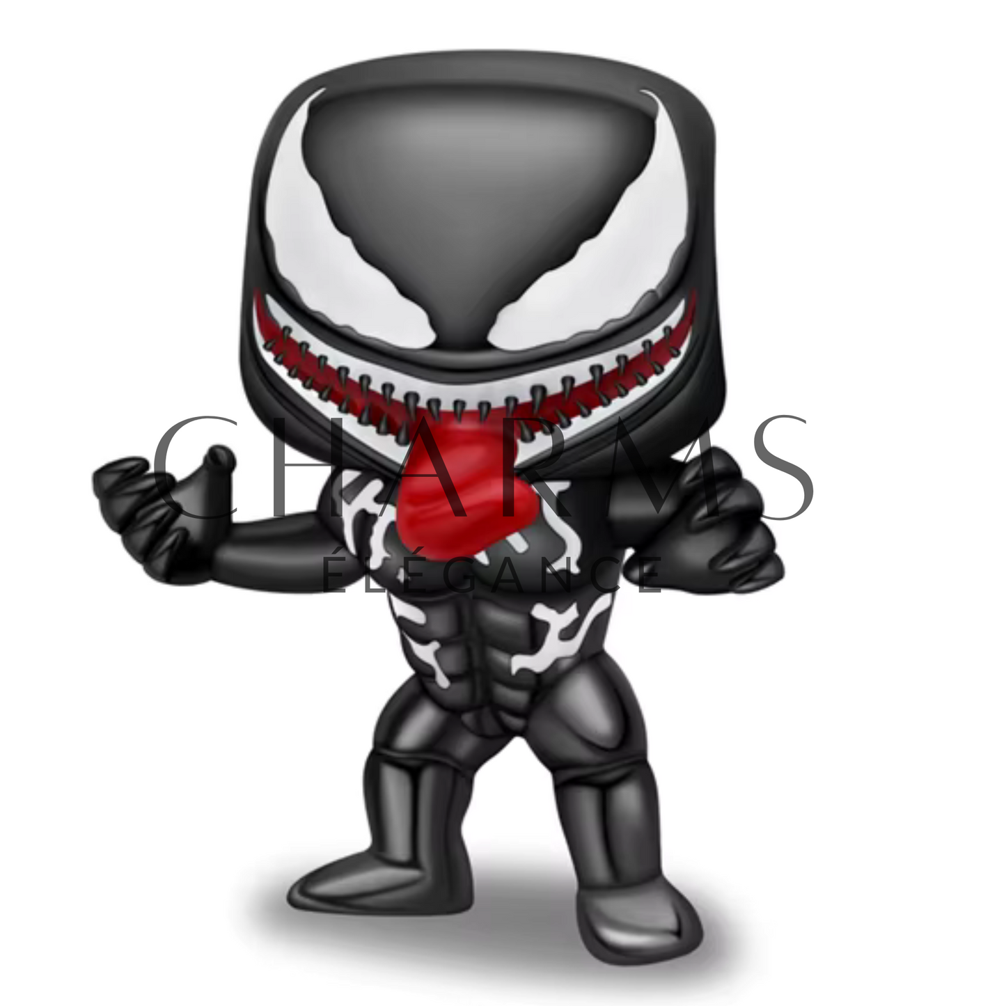 Charm pendentif Venom Version 2 en métal noirci avec accents argentés. Représente le visage emblématique de Venom, avec une langue sinueuse et des crocs acérés. Parfait pour les fans de super-héros et anti-héros, compatible avec bracelets Pandora.