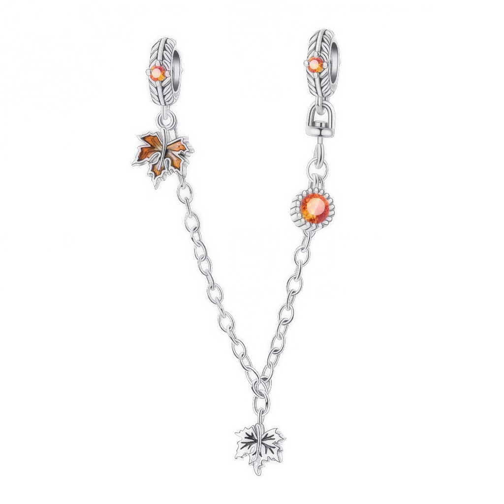 Ajoutez une touche élégante et automnale à votre collection avec ce charm Chaîne avec Feuilles d'Automne. Confectionné en métal doré ou cuivré, ce charm présente une délicate chaîne ornée de plusieurs feuilles aux couleurs chaudes et vibrantes de l'automne. Chaque feuille est finement détaillée, capturant la beauté et la diversité des formes qui caractérisent cette saison magique. Ce bijou est idéal pour ceux qui souhaitent célébrer la nature et les plaisirs de l'automne. Compatible avec les bracelets Pando