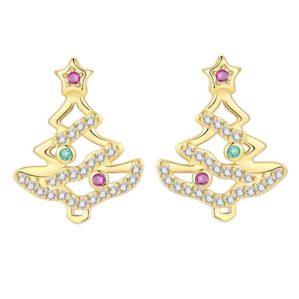 Ces boucles d’oreilles festives dessinent deux sapins de Noël délicatement ajourés, parés de strass scintillants et de pierres colorées. La dorure lumineuse met en valeur chaque arabesque et souligne la silhouette des branches, tandis que les étoiles roses et les boules vertes apportent éclat et fantaisie à l’ensemble. Conçues pour illuminer toutes les tenues des fêtes, elles apporteront douceur et élégance à une collection hivernale ou à un cadeau festif.

Caractéristiques
Matière : Argent 925 plaqué or, z