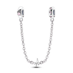 Cette chaîne de sécurité en argent 925 se compose de deux stoppeurs décorés de petits cœurs roses, reliés par une double chaîne fine ornée au centre d’un motif de tracé cardiaque façon électrocardiogramme