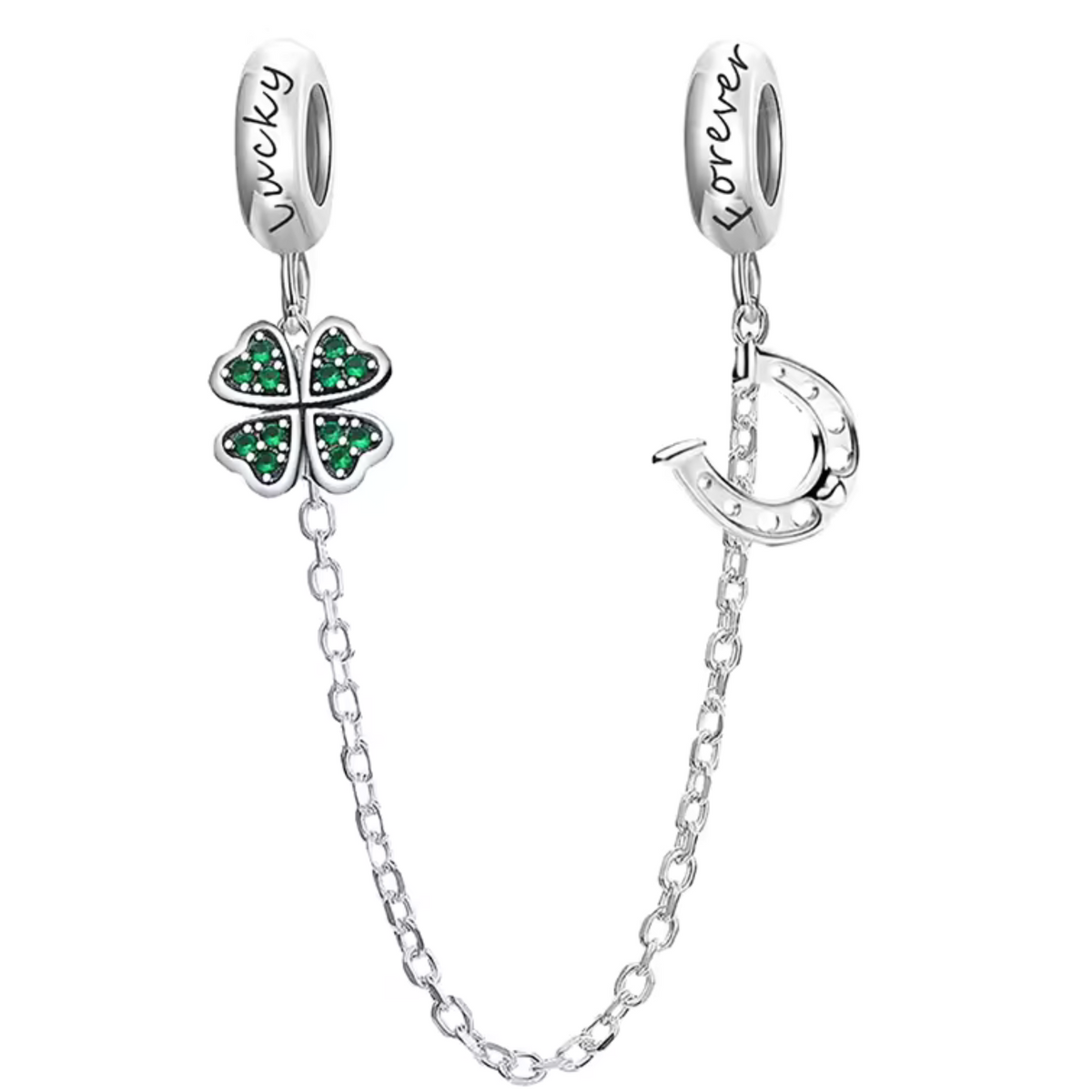 Apportez une touche de chance et de protection à votre bracelet avec cette magnifique chaîne de sécurité ornée d’un trèfle et d’un fer à cheval. Fabriquée en argent 925, cette chaîne associe deux symboles puissants de bonne fortune : un trèfle à quatre feuilles, représentant la chance, et un fer à cheval, symbole de protection et de prospérité.

En plus d’ajouter une touche porte-bonheur et positive à votre bijou, cette chaîne de sécurité protège votre bracelet en empêchant les ouvertures accidentelles, gar