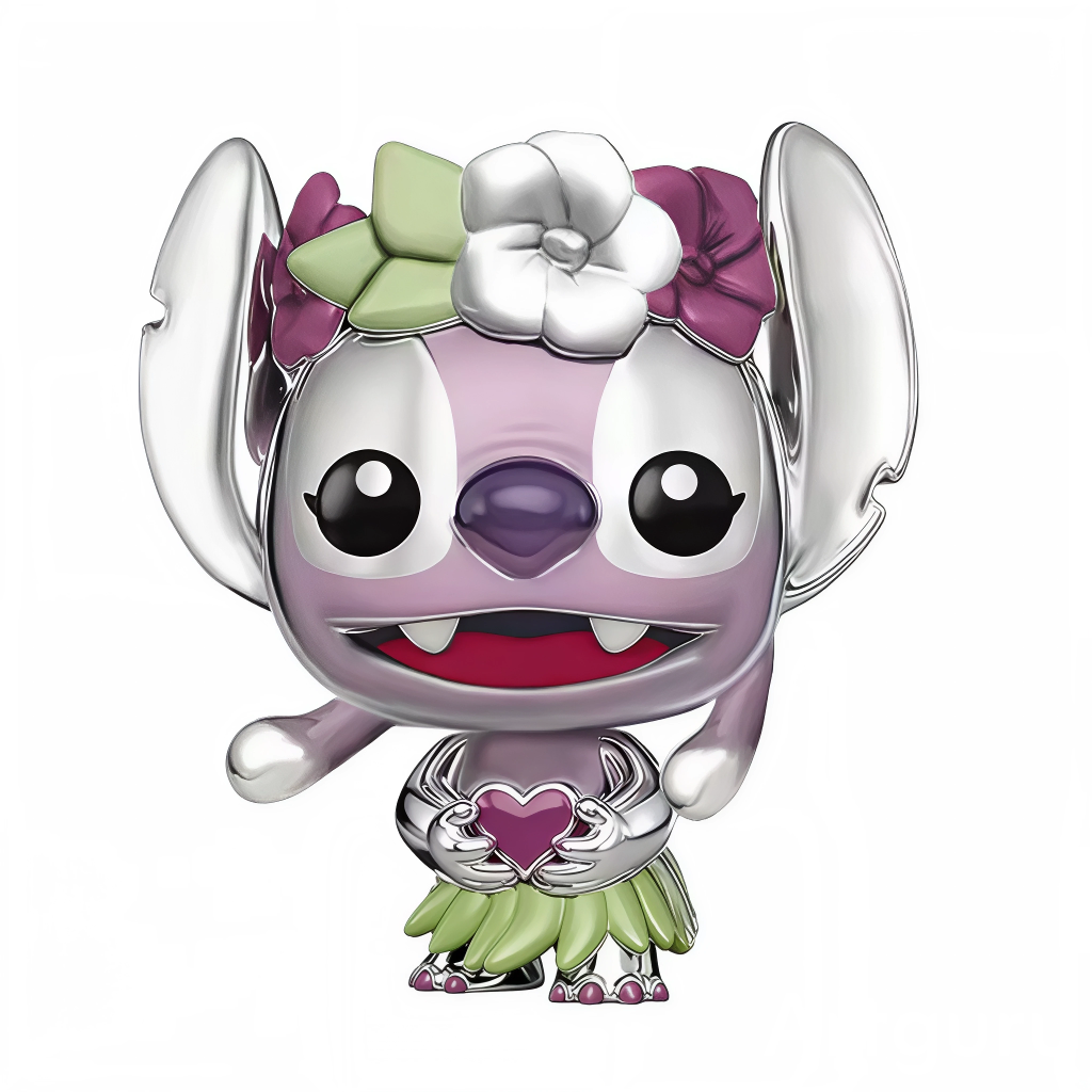 Ce charm met en scène Angel dans une tenue hula: couronne de fleurs multicolores sur la tête, jupe feuillage vert tendre et petit cœur serré entre ses mains argent polies. Les émaux roses nacrés, le nez violet et les griffes délicates créent un rendu lumineux et attendrissant. Parfait pour compléter une composition hawaïenne avec Stitch et Reuben, ou pour offrir un message d’amour exotique.