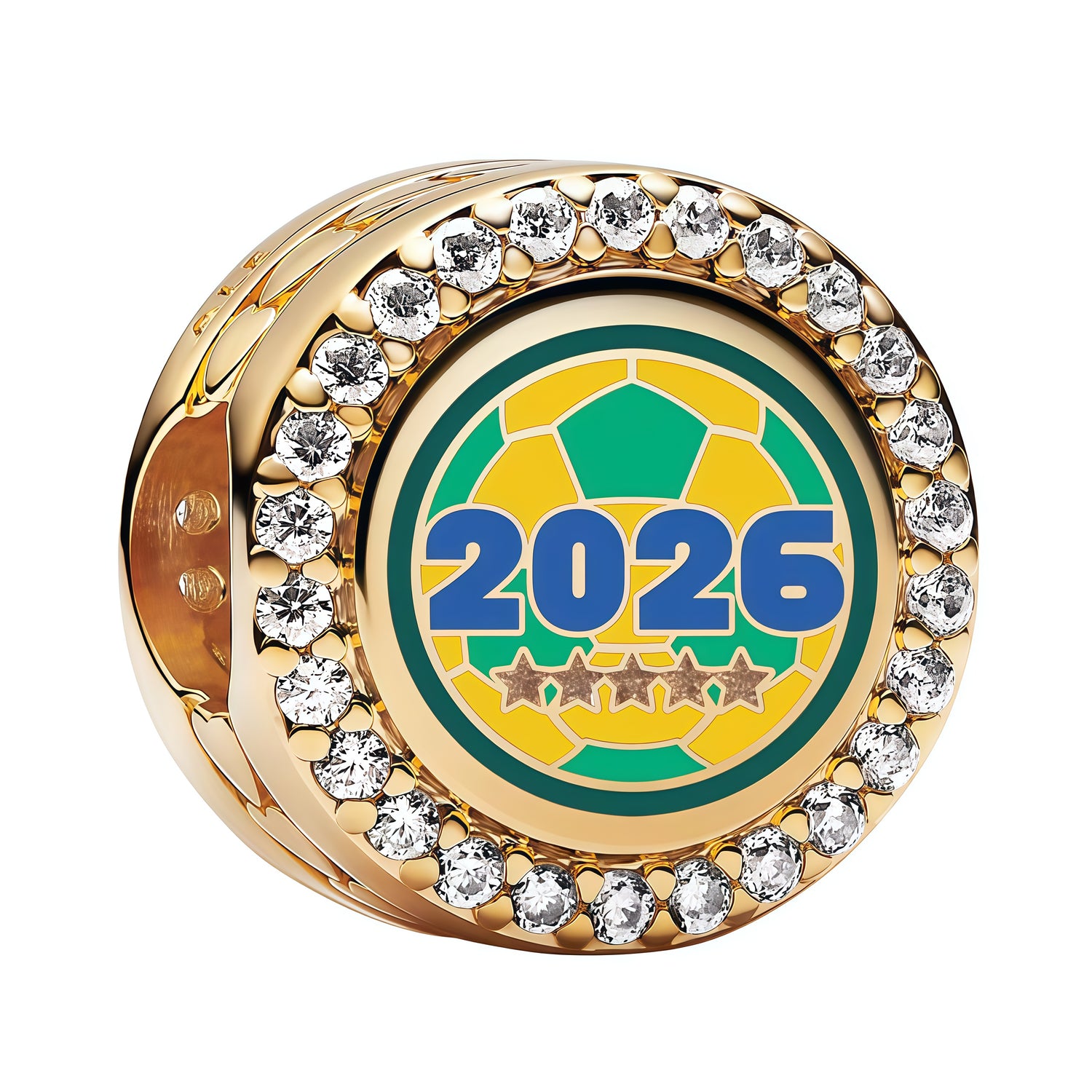 Apporte une touche sportive et éclatante à ton bracelet avec ce charm doré ballon de foot 2026 aux couleurs du Brésil. Ce bijou reprend le motif du ballon de football avec des finitions dorées lumineuses et des détails en émail vert et jaune, pour un rendu élégant, dynamique et plein de caractère. Un charm original et symbolique, parfait pour les fans de foot et de la Seleção.

Caractéristiques :

- Matière : Argent 925.
- Design : Ballon de foot 2026 en version charm aux couleurs du Brésil.
- Dimensions : 
