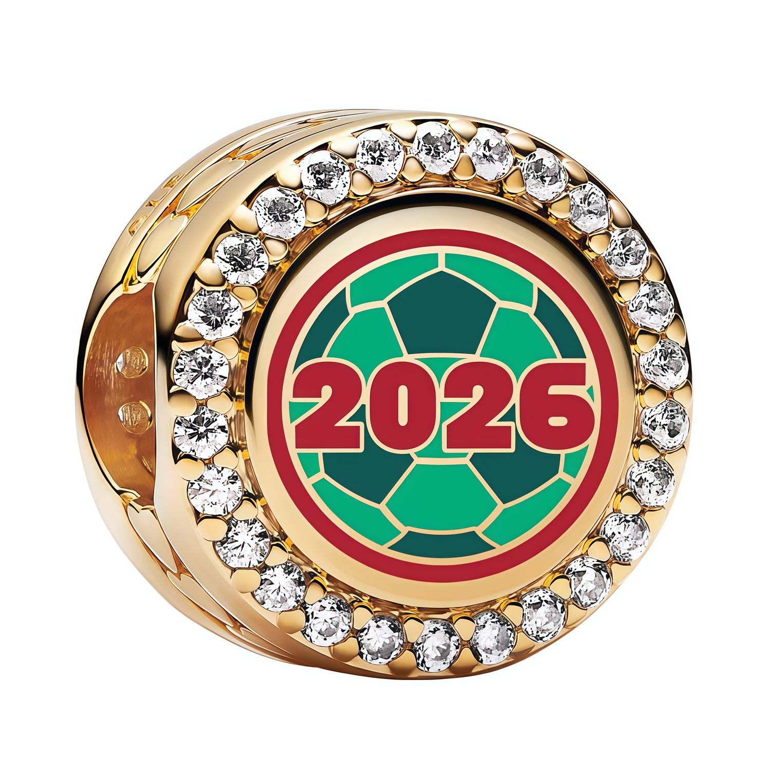 Apporte une touche festive et sportive à ton bracelet avec ce charm doré ballon de foot 2026 aux couleurs du Mexique. Ce bijou reprend le motif du ballon de football avec des finitions dorées lumineuses et des détails en émail vert, blanc et rouge, pour un rendu élégant, dynamique et plein de caractère. Un charm original et symbolique, parfait pour les fans de foot et de la sélection mexicaine.

Caractéristiques :

- Matière : Argent 925.
- Design : Ballon de foot 2026 en version charm aux couleurs du Mexiq