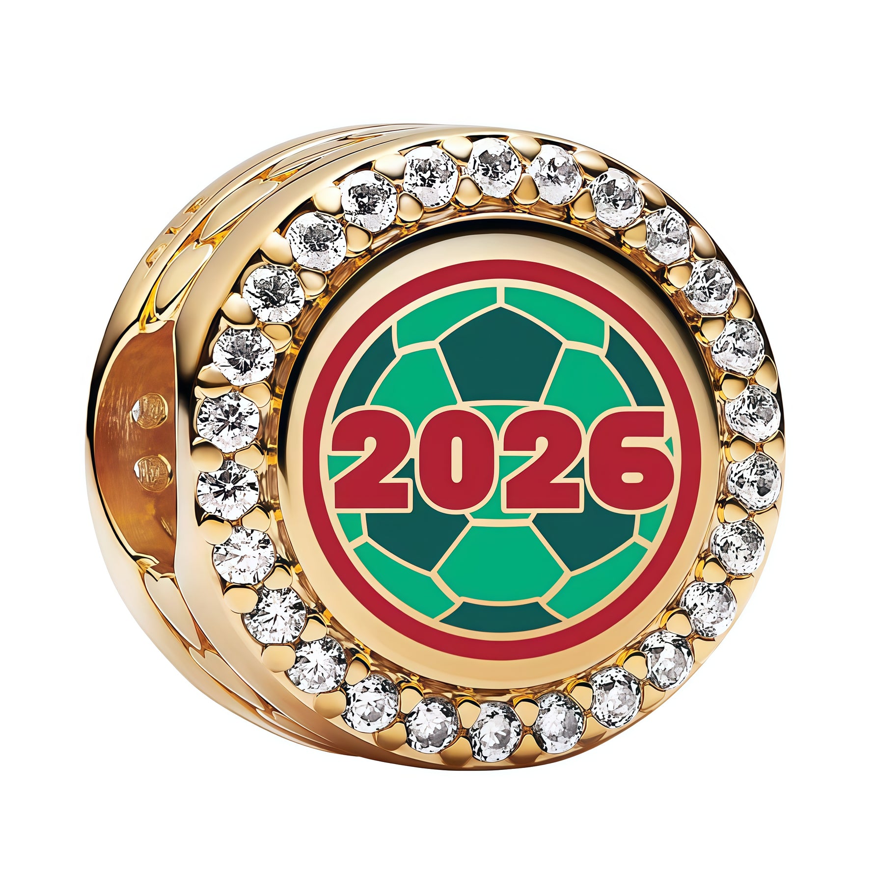 Apporte une touche festive et sportive à ton bracelet avec ce charm doré ballon de foot 2026 aux couleurs du Mexique. Ce bijou reprend le motif du ballon de football avec des finitions dorées lumineuses et des détails en émail vert, blanc et rouge, pour un rendu élégant, dynamique et plein de caractère. Un charm original et symbolique, parfait pour les fans de foot et de la sélection mexicaine.

Caractéristiques :

- Matière : Argent 925.
- Design : Ballon de foot 2026 en version charm aux couleurs du Mexiq