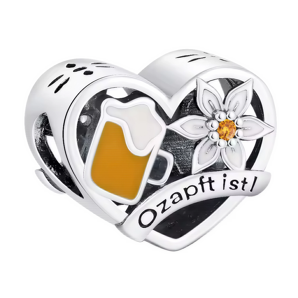 Ce charm festif célèbre la tradition de l’Oktoberfest avec un cœur argenté ajouré, décoré d’une chope de bière dorée et d’une fleur d’edelweiss sertie. La bannière “O’zapft is!” (littéralement “C’est tiré !” en bavarois) rappelle l’ouverture du premier fût lors des célèbres fêtes de la bière. Parfait pour les amoureux de l’Allemagne, des traditions bavaroises et de la convivialité, ce bijou trouvera sa place sur tous les bracelets à charms européens.

Caractéristiques
Matière : Argent 925, émail coloré, cri