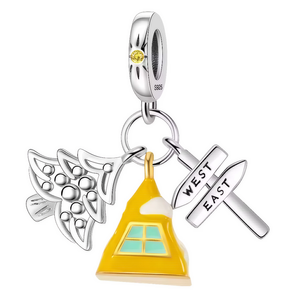 Ce charm à trois pendentifs évoque le grand air et l’aventure, avec une cabane jaune émaillée ornée de neige, un arbre stylisé en argent et un panneau direction indiquant “West / East”. Sa bélière est sertie d’un cristal jaune et décorée d’étoiles gravées, rappelant l’esprit de l’exploration et des promenades en forêt. Idéal pour les amoureux de nature, d’évasion ou d’insolite, il apporte une touche originale et douce à tout bracelet à charms européen.

Caractéristiques
Matière : Argent 925, émail coloré, c