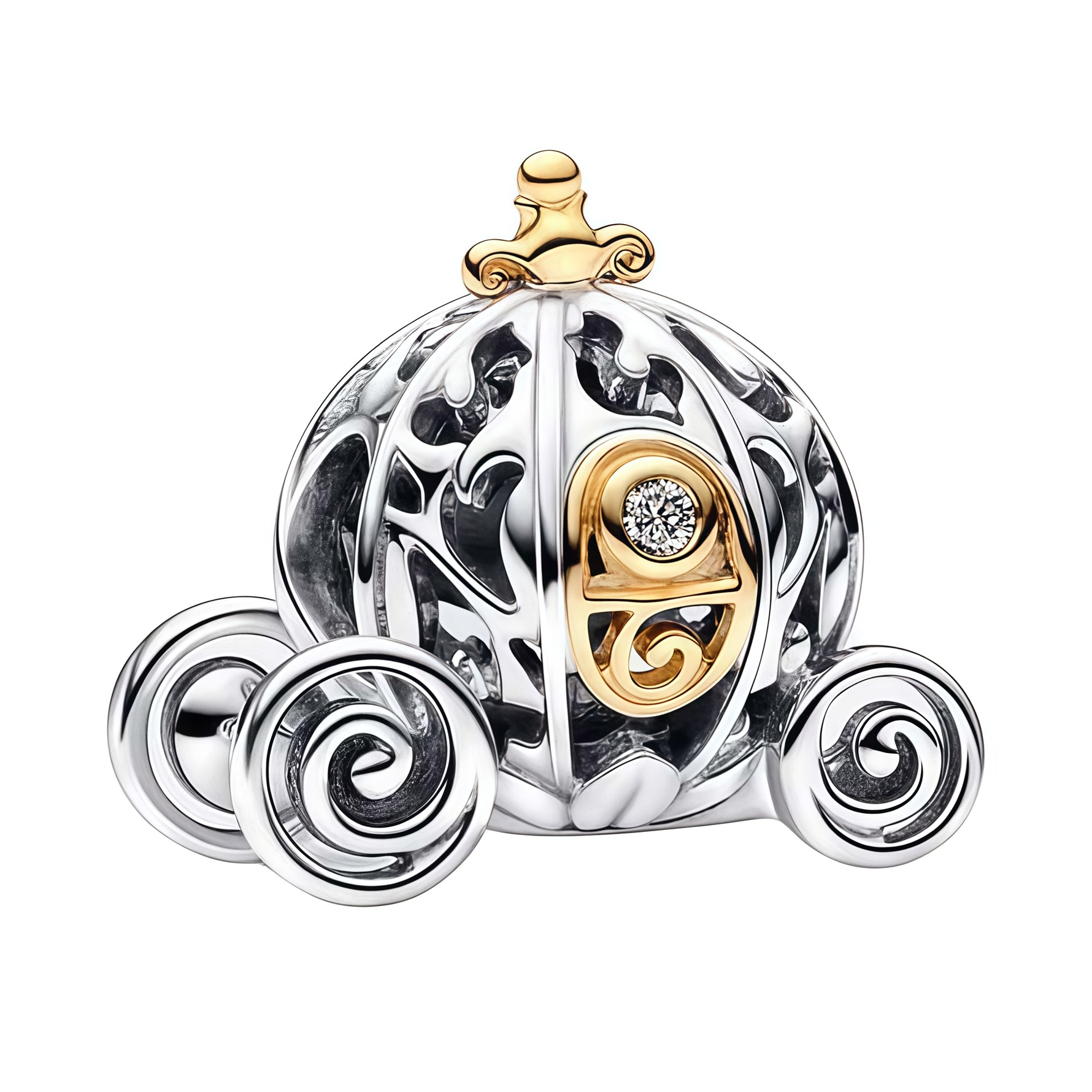 Apporte une touche féerique et élégante à ton bracelet avec ce charm carrosse argenté et doré. Inspiré d’un univers de conte de fées, ce bijou en argent 925 met en valeur un carrosse raffiné aux finitions dorées, pour un rendu magique et sophistiqué. Un charm original et intemporel, parfait pour les amoureux des pièces romantiques et lumineuses.

Caractéristiques :

- Matière : Argent 925 avec détails dorés.
- Design : Carrosse élégant avec finitions soignées.
- Dimensions : Taille délicate et confortable à