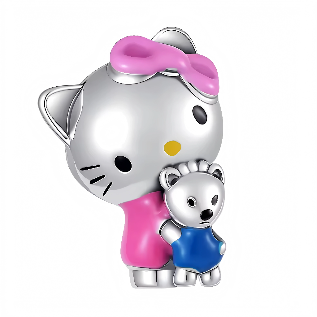 Ce charm tendre montre un chaton gris argent avec grand ruban rose, enlacé tendrement un petit ours pelucheux habillé d’une robe bleue et short bleu, pour une scène de complicité adorable. Les couleurs douces – rose vif et bleu pastel – contrastent avec l’argent poli et les détails noirs comme moustaches et yeux. Symbole d’amitié douce et de câlins chaleureux, il diffuse tendresse animale sur tout bracelet.

Caractéristiques :

Matière : Argent 925 (S925) avec émail rose et bleu.
Design : Chaton ruban rose 