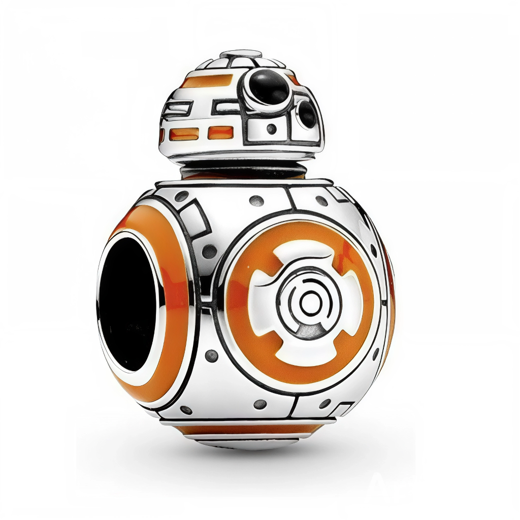 R2 spirituel du Sequel Trilogy, ce charm BB-8 Star Wars en argent sterling 925 capture le droïde sphérique orange-blanc roulant, dôme tête expressive, antenne et panneaux outils clignotants. Ce fidèle compagnon de Poe Dameron pend d’une bélière ronde lisse compatible bracelets Pandora pour un bijou high-tech adorable. Poinçonné S925, sans nickel et rolling-proof, il beeps loyauté et astuces Résistance. Idéal pour Force Awakens fans, X-Wing pilots ou droids balls.

