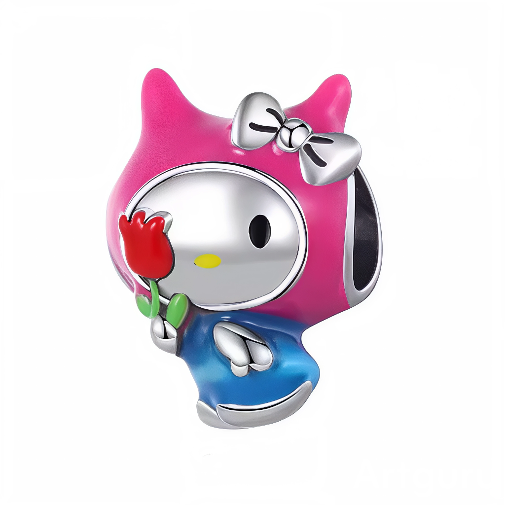 Ce charm pendentif&nbsp;romantique&nbsp;met en valeur&nbsp;Hello Kitty&nbsp;de l’univers Sanrio en costume de chat rose enamel doux, oreilles pointues roses, nœud argenté et robe bleue, tenant délicatement une tulipe rouge vif à tige verte pour un air printanier fleuriste. Sa tête ronde en argent poli avec yeux noirs joyeux et nez jaune capture le charme kawaii classique, tandis que la tulipe ajoute élégance et fraîcheur saisonnière. L’anneau supérieur poinçonné « S925 » permet une fixation aisée sur les br