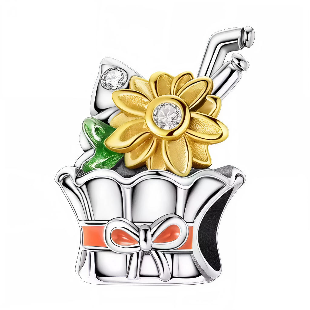 Ce charm lumineux évoque la joie du printemps et l’amour des fleurs avec un joli panier argenté décoré d’un ruban orange, garni d’un grand tournesol doré au cœur de cristal scintillant et d’une feuille verte émaillée. Les finitions soignées et les détails brillants rappellent les bouquets de saison et les petits bonheurs de la nature. Idéal pour offrir porte-bonheur, douceur et énergie ou égayer un bracelet à thème floral, porte-bonheur ou champêtre.

Caractéristiques
Matière : Argent 925, plaquage or, émai