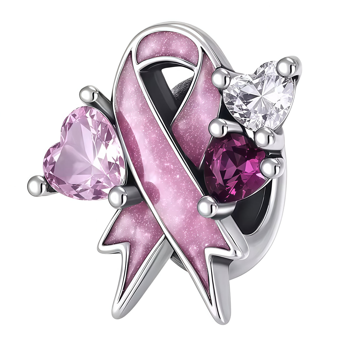 Charm élégant représentant un ruban rose, symbole de soutien et de sensibilisation à la lutte contre le cancer du sein. Finement travaillé en argent 925, il est orné de détails roses scintillants et de pierres en forme de cœur, pour un bijou délicat, lumineux et porteur de sens.

Caractéristiques :
Matière : Argent 925 avec détails roses et pierres brillantes.
Design : Ruban rose accompagné de pierres en forme de cœur.
Style : Élégant, féminin, délicat et symbolique.
Symbolique : Soutien, courage, espoir, s