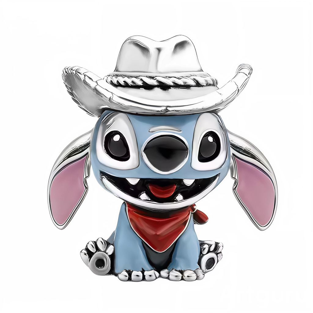 Ce charm capture Stitch dans une tenue de cow‑boy pleine de caractère. Le grand chapeau texturé corde et bords relevés coiffe sa tête bleue émaillée, tandis qu’un bandana rouge brillant souligne son large sourire et ses oreilles roses. Assis, pattes en avant et coussinets contrastés, il apporte une touche d’aventure et d’humour à toute composition.