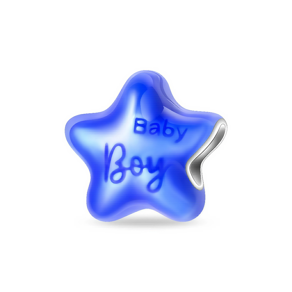 Ce charm en forme d’étoile est fabriqué en argent 925 et recouvert d’un émail bleu intense qui lui donne un aspect de petit ballon brillant. La face avant est décorée de l’inscription « Baby Boy » en relief, parfaite pour célébrer une naissance, annoncer un gender reveal ou offrir un souvenir symbolique. Sa forme légèrement bombée apporte du volume au bijou, tandis que l’ouverture latérale lisse permet de le faire coulisser facilement sur la plupart des bracelets ou colliers à charms modulables.

Caractéris