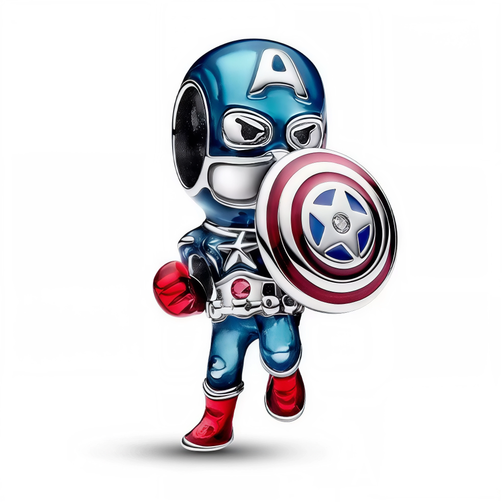 Ce charm pendentif en argent 925 (S925) reproduit fidèlement le bouclier iconique de Captain America avec résine émaillée rouge, blanche et bleue appliquée main. Il symbolise courage inébranlable, défense des libertés et valeurs patriotiques éternelles. Caractéristiques : Matière : Argent 925 (S925) avec émail multicolore haute brillance. Design : Étoile blanche centrale 3D, rayures concentriques précises, réalisme vibranium. Compatibilité : Compatible avec les bracelets à charms standards (type Pandora Mom