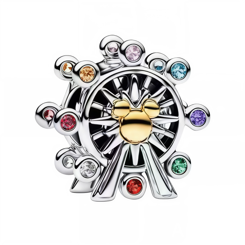Ce charm en argent 925 représente une grande roue féerique aux gondoles ajourées, avec le symbole iconique de Mickey (tête ronde aux oreilles pointues) ciselé au centre du moyeu, lueur festive scintillante. Il symbolise manèges enchantés, joie des parcs Disney et souvenirs tournoyants d'enfance magique.

Caractéristiques :

Matière : Argent 925 poli brillant, relief Mickey central texturé.
Design : Roue circulaire dynamique.
Dimensions : 1,8 cm diamètre, pendante légère rotative.