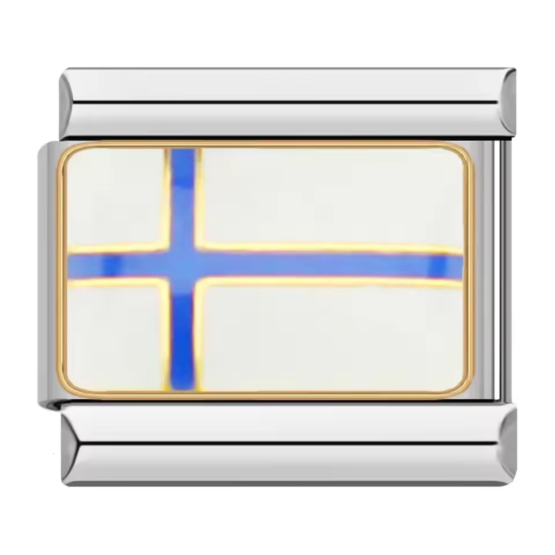 Ce charm italien en acier inoxydable argenté arbore l’inscription "Finlande" décorée aux couleurs sobres et élégantes du drapeau finlandais. Alliant robustesse et finesse des détails, ce charm apporte une touche moderne et raffinée à votre bracelet. Facile à fixer, il s’adapte parfaitement à nos bracelets composés de 17 maillons extensibles et réglables, convenant à toutes les tailles de poignet.