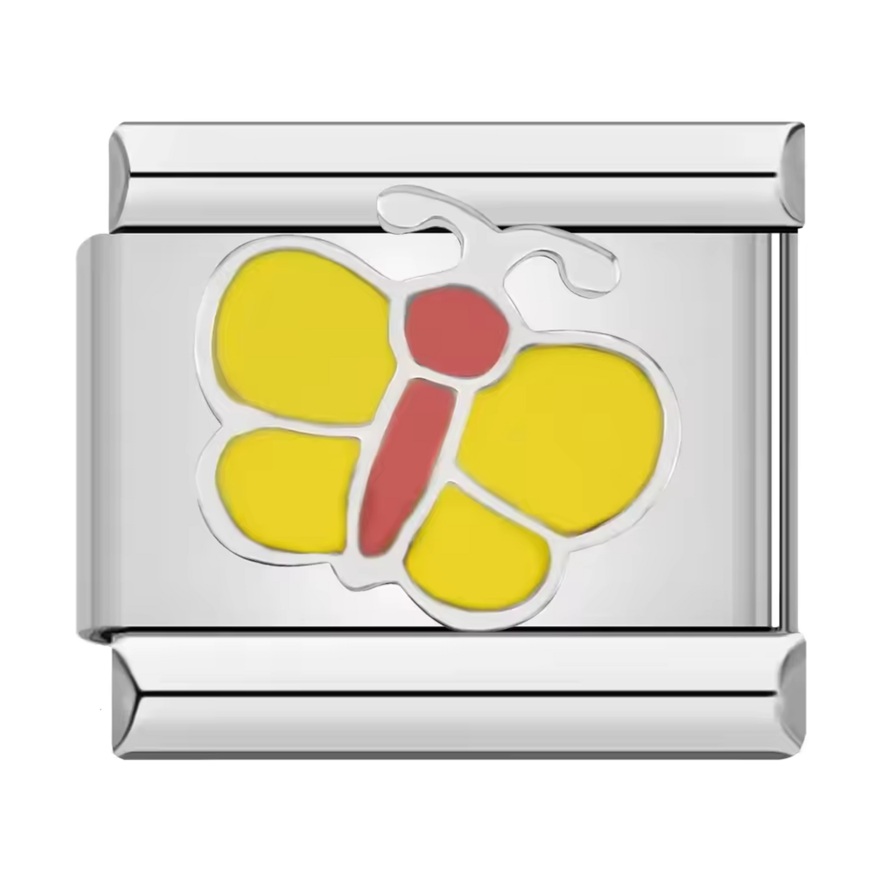 Ce charm italien en acier inoxydable argenté représente un élégant papillon rouge aux ailes jaunes, symbole de liberté et de renouveau. Ses détails émaillés vifs apportent une touche lumineuse et estivale à votre bracelet. Facile à fixer, il s’adapte parfaitement à nos bracelets composés de 17 maillons extensibles et réglables, convenant à toutes les tailles de poignet. Compatible avec tous nos charms italiens, ce bijou est idéal pour personnaliser votre bracelet avec une note vibrante et raffinée.