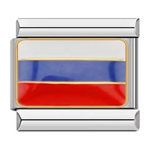 Ce charm italien en acier inoxydable argenté arbore l’inscription "Russie" décorée aux couleurs vives du drapeau russe. Alliant robustesse et finesse des détails, ce charm apporte une touche moderne et élégante à votre bracelet. Facile à fixer, il s’adapte parfaitement à nos bracelets composés de 17 maillons extensibles et réglables, convenant à toutes les tailles de poignet. Compatible avec tous nos charms italiens
