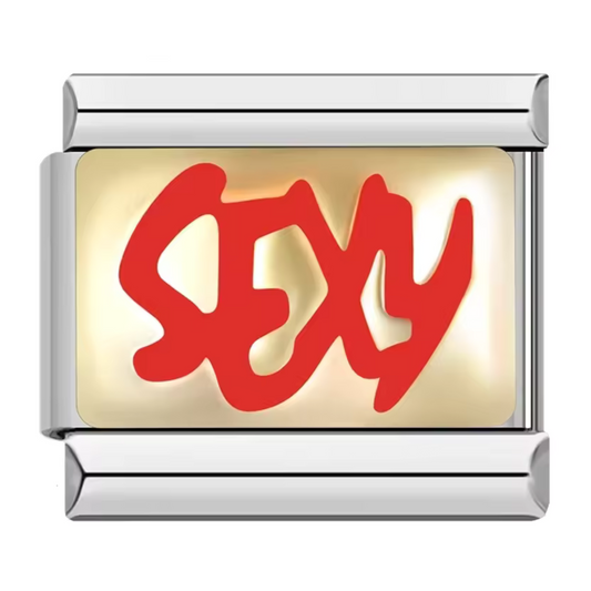 Ce charm italien en acier inoxydable argenté arbore l’inscription "SEXY" en lettres rouges vives sur un élégant fond doré. Alliant design audacieux et finition soignée, il apporte une touche de caractère et de modernité à votre bracelet. Facile à fixer, il s’adapte parfaitement à nos bracelets composés de 17 maillons extensibles et réglables, convenant à toutes les tailles de poignet. Compatible avec tous nos charms italiens