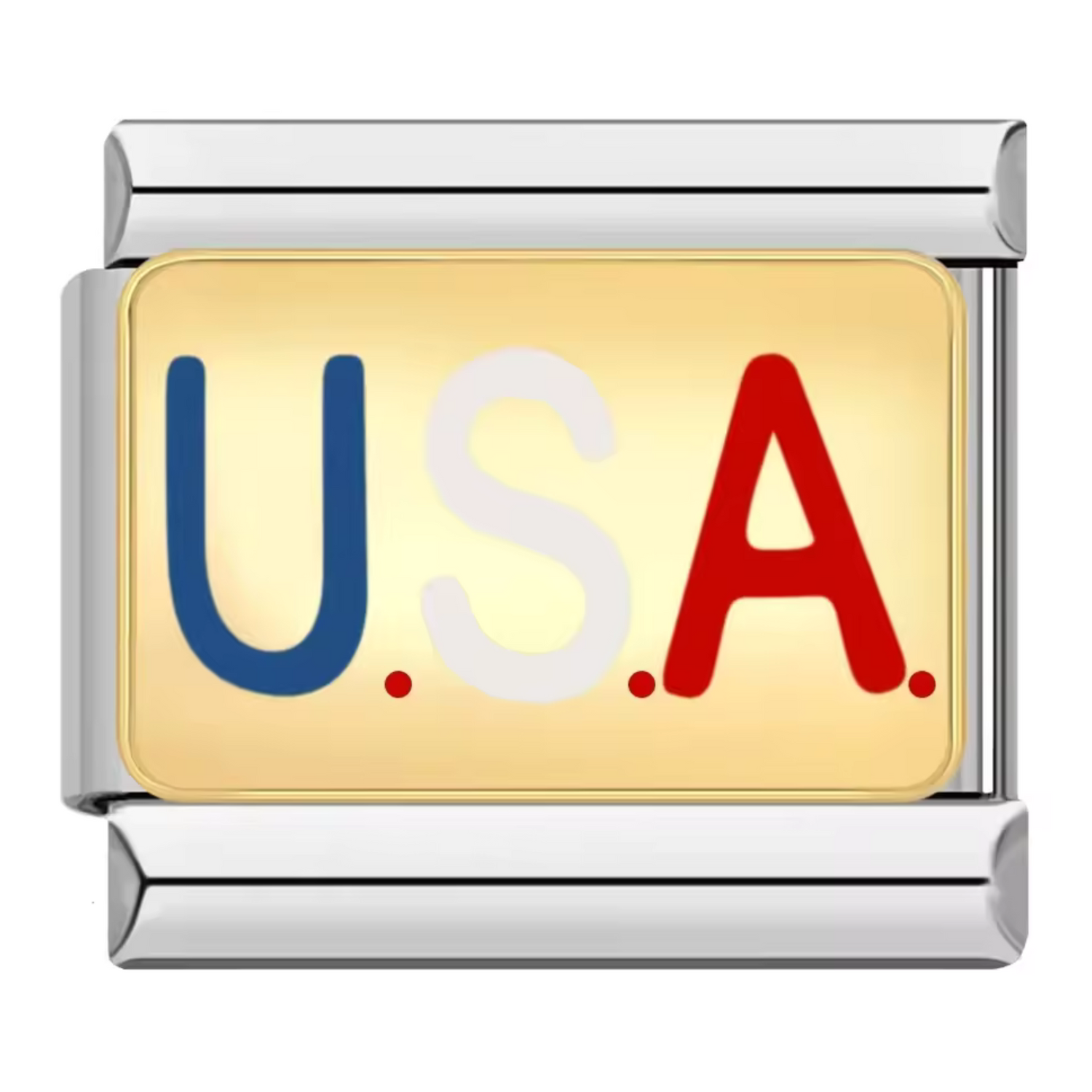 Ce charm italien en acier inoxydable argenté arbore l’inscription "USA" décorée aux couleurs vibrantes du drapeau américain, sur un fond élégant couleur or. Alliant robustesse et finesse des détails, ce charm apporte une touche moderne et chaleureuse à votre bracelet. Facile à fixer, il s’adapte parfaitement à nos bracelets composés de 17 maillons extensibles et réglables, convenant à toutes les tailles de poignet.