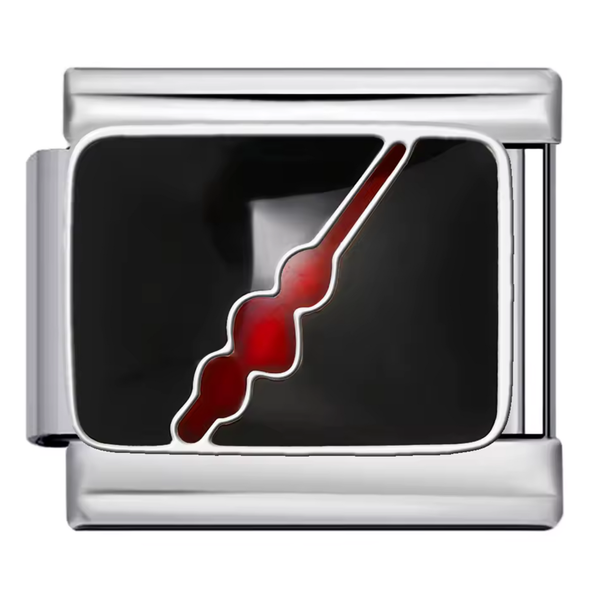 Ce charm italien dynamique représente le célèbre balai volant de Harry Potter, mis en valeur par un élégant fond noir et une touche de rouge vibrante. Confectionné en acier inoxydable argenté de haute qualité, il allie finesse des détails et finition brillante, parfait pour les passionnés de l’univers magique. Facile à fixer, il s’intègre parfaitement à nos bracelets composés de 17 maillons extensibles et réglables, adaptés à tous les poignets. Compatible avec tous nos charms italiens