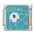 Ce charm italien célèbre le moment ultime du sport avec un ballon blanc explosant dans les filets turquoise, sur fond de texte "GOAL!!" en lettres capitales dynamiques. Le design énergique et coloré en fait un bijou triomphant pour les supporters passionnés sur un bracelet à charms italien.