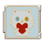 Ce charm italien présente un chat blanc kawaii aux grands yeux multicolores bleu-jaune tenant un cœur rouge vibrant sur fond bleu pastel doux. Parfait pour exprimer l'amour pur et joyeux des chats sur un bracelet à charms italien.