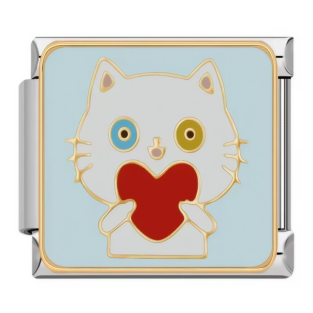 Ce charm italien présente un chat blanc kawaii aux grands yeux multicolores bleu-jaune tenant un cœur rouge vibrant sur fond bleu pastel doux. Parfait pour exprimer l'amour pur et joyeux des chats sur un bracelet à charms italien.